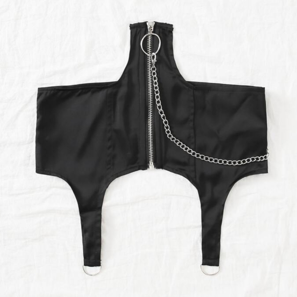 Zip Up Chain O-ring Detail Asymmetrical Hem Crop Top